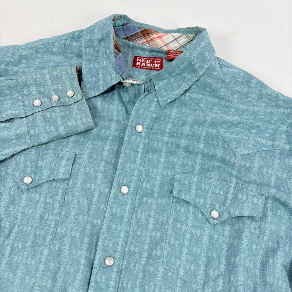 Red Ranch Western Pearl Snap Shirt Mens‎ XLT Blue Geometric Big Tall Cotton